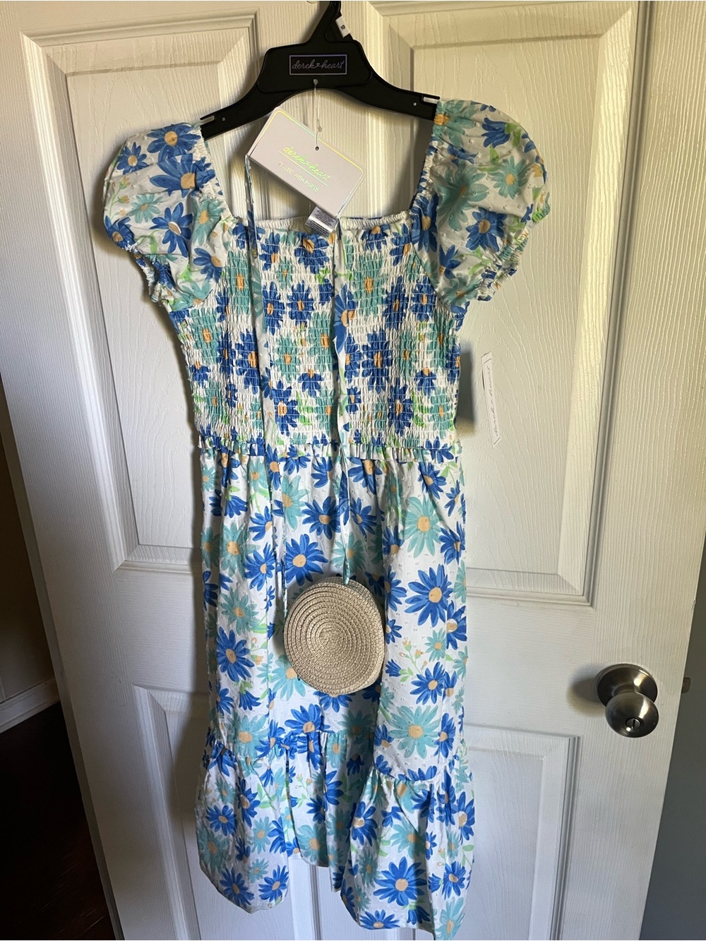 Derek Heart Blue Floral Smocked Midi Dress with Puff Sleeves